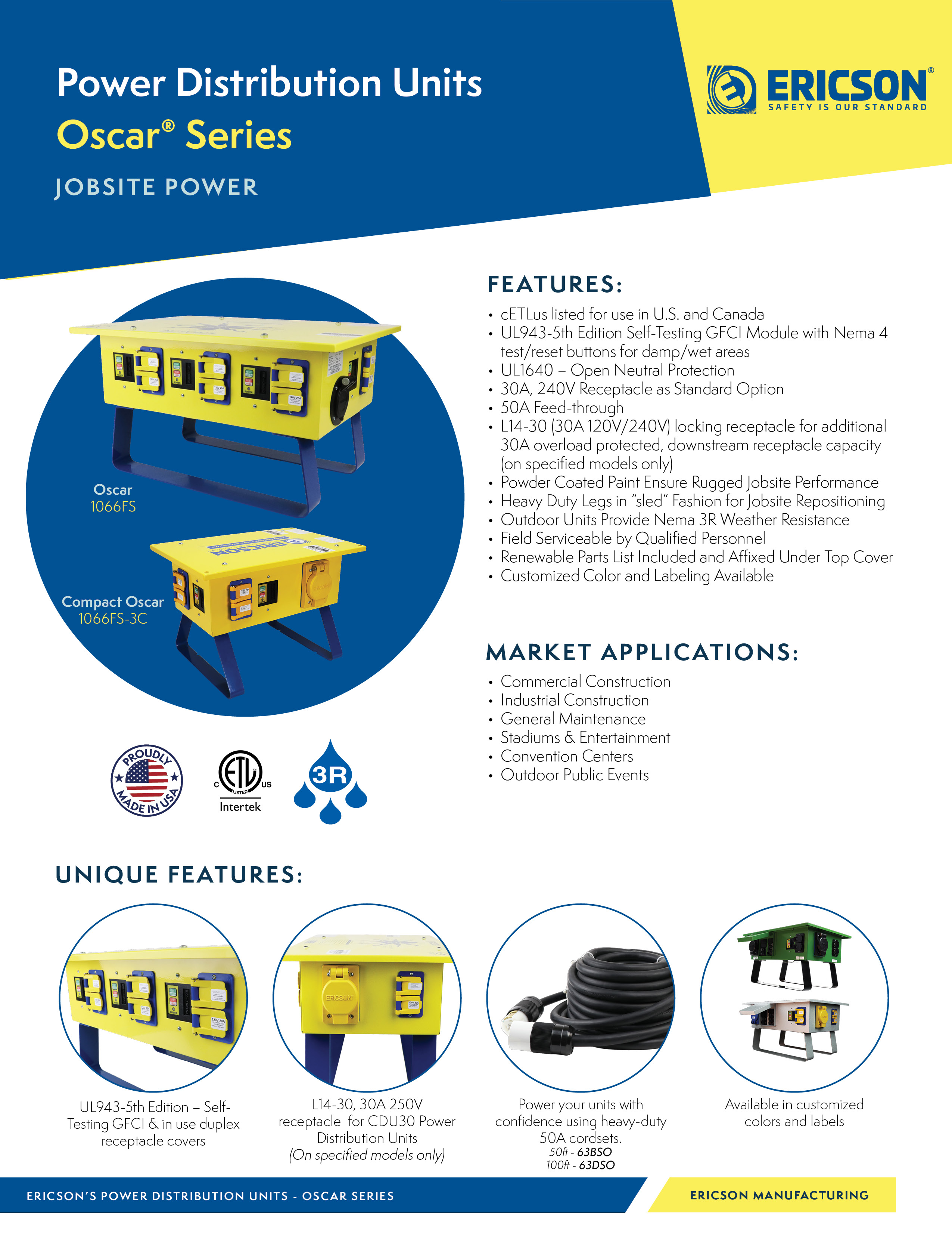 Ericson Oscar Series portable power distribution unit for temporary jobsite power distribution.