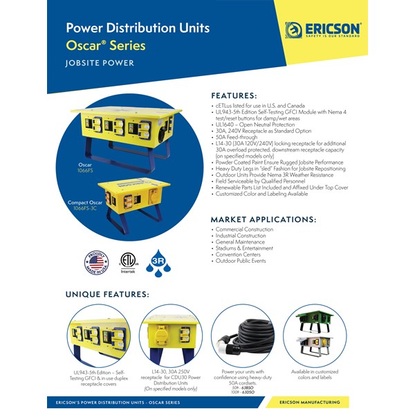 Ericson Oscar Series portable power distribution unit for temporary jobsite power distribution.