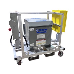 Side view of an Ericson e‑Cart® portable transformer unit with yellow enclosure and wheeled aluminum frame